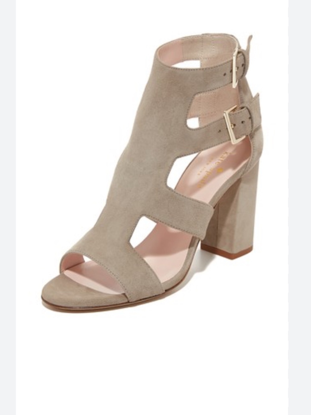 kate spade Stone Suede Double Buckle Cutout Block Heel Sandal